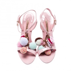 Sophia Webster Pink Leather Layla Pom Pom Embellished T-Strap Sandals Size 39