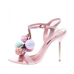 Sophia Webster Pink Leather Layla Pom Pom Embellished T-Strap Sandals Size 39