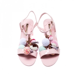 Pre Owned Sophia Webster Light Pink Patent Leather Jada T Strap Pom Pom Sandals Size 39