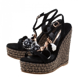 Pre Owned Sophia Webster Black Suede Pom Pom Lucita Espadrille Wedge Size 37.5