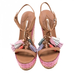 Pre Owned Sophia Webster Brown Leather Lucita Tassel Detail Espadrille Wedge Sandals Size 35.5