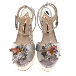 Sophia Webster Grey Velvet And Coarse Glitter Glacia Crystal Embellished Platform Sandals Size 38