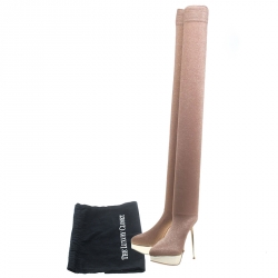 Pre Owned Charlotte Olympia Beige Glitter Jersey More Is More Thigh High Platform Boots Size 36.5