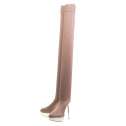 Pre Owned Charlotte Olympia Beige Glitter Jersey More Is More Thigh High Platform Boots Size 36.5