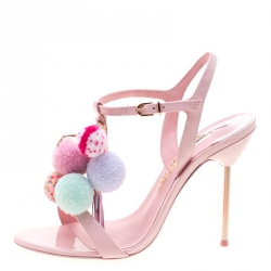 Sophia Webster Pink Patent Leather Layla Pom Pom Embellished T-Strap Sandals Size 38.5