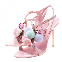 Sophia Webster Pink Patent Leather Layla Pom Pom Embellished T-Strap Sandals Size 38.5
