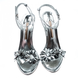 Pre Owned Sophia Webster Metallic Silver Leather Lilico Floral Embellished Ankle Wrap Sandals Size 39.5
