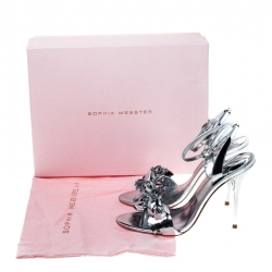 Pre Owned Sophia Webster Metallic Silver Leather Lilico Floral Embellished Ankle Wrap Sandals Size 39.5