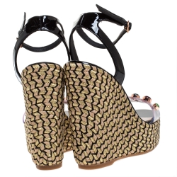 Pre Owned Sophia Webster Black Patent Leather And PVC Dina Crystal Studded Wedge Espadrille Platform Ankle Strap Sandals Size 38