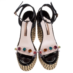 Pre Owned Sophia Webster Black Patent Leather And PVC Dina Crystal Studded Wedge Espadrille Platform Ankle Strap Sandals Size 38