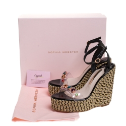 Pre Owned Sophia Webster Black Patent Leather And PVC Dina Crystal Studded Wedge Espadrille Platform Ankle Strap Sandals Size 38