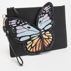 Pre Owned Sophia Webster Black Leather Butterfly Wristlet Pouch