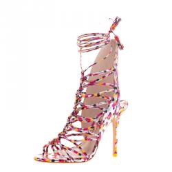Sophia Webster Metallic Multicolor Printed Leather Lacey Tie Up Sandals Size 37