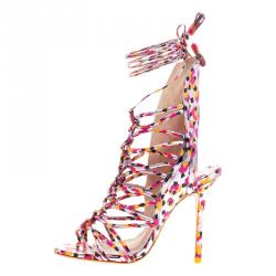 Sophia Webster Metallic Multicolor Printed Leather Lacey Tie Up Sandals Size 37
