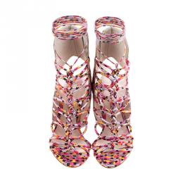 Sophia Webster Metallic Multicolor Printed Leather Lacey Tie Up Sandals Size 37