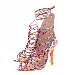 Sophia Webster Metallic Multicolor Printed Leather Lacey Tie Up Sandals Size 37