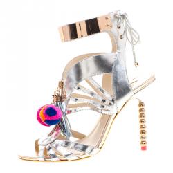 Pre Owned Sophia Webster Metallic Silver Mirrored Leather Yasmina Pom Pom Embellished Sandals Size 40.5