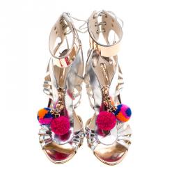 Pre Owned Sophia Webster Metallic Silver Mirrored Leather Yasmina Pom Pom Embellished Sandals Size 40.5