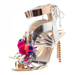Pre Owned Sophia Webster Metallic Silver Mirrored Leather Yasmina Pom Pom Embellished Sandals Size 40.5