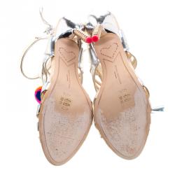 Pre Owned Sophia Webster Metallic Silver Mirrored Leather Yasmina Pom Pom Embellished Sandals Size 40.5