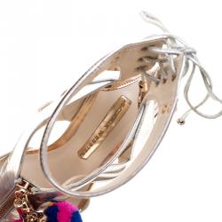 Pre Owned Sophia Webster Metallic Silver Mirrored Leather Yasmina Pom Pom Embellished Sandals Size 40.5