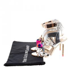 Pre Owned Sophia Webster Metallic Silver Mirrored Leather Yasmina Pom Pom Embellished Sandals Size 40.5