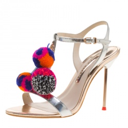 Sophia Webster Metallic Silver Leather Layla Pom Pom Embellished T-Strap Sandals Size 37.5