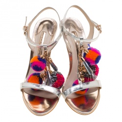 Sophia Webster Metallic Silver Leather Layla Pom Pom Embellished T-Strap Sandals Size 37.5