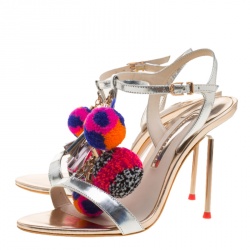 Sophia Webster Metallic Silver Leather Layla Pom Pom Embellished T-Strap Sandals Size 37.5