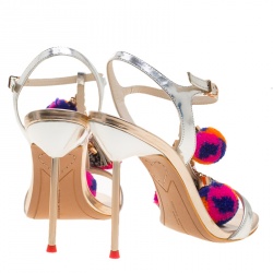 Sophia Webster Metallic Silver Leather Layla Pom Pom Embellished T-Strap Sandals Size 37.5