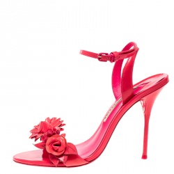 Pre Owned Sophia Webster Fluorescent Pink Patent Leather Lilico Floral Embellished Ankle Wrap Sandals Size 39