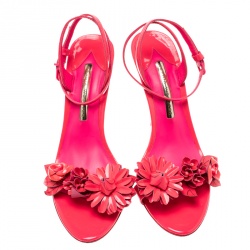 Pre Owned Sophia Webster Fluorescent Pink Patent Leather Lilico Floral Embellished Ankle Wrap Sandals Size 39
