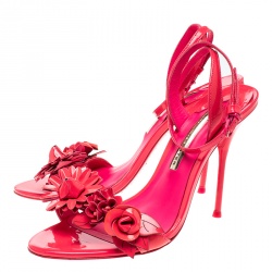 Pre Owned Sophia Webster Fluorescent Pink Patent Leather Lilico Floral Embellished Ankle Wrap Sandals Size 39