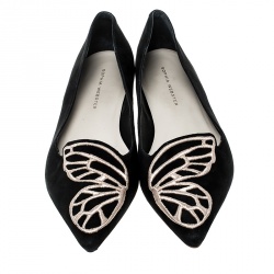 Sophia Webster Black Embroidered Suede Bibi Butterfly Pointed Toe Ballet Flats Size 37.5