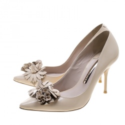 Pre Owned Sophia Webster Beige Patent Leather Lilico Floral Embellished Pointed Toe Pumps Size 36.5