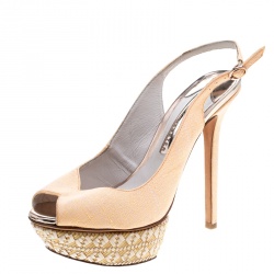 Sophia Webster Fluro Apricot Canvas Peron Raffia Platform Peep Toe Slingback Sandals Size 37