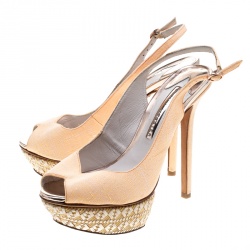 Sophia Webster Fluro Apricot Canvas Peron Raffia Platform Peep Toe Slingback Sandals Size 37