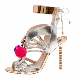 Pre Owned Sophia Webster Metallic Silver Mirrored Leather Yasmina Pom Pom Embellished Sandals Size 38