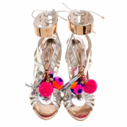 Pre Owned Sophia Webster Metallic Silver Mirrored Leather Yasmina Pom Pom Embellished Sandals Size 38