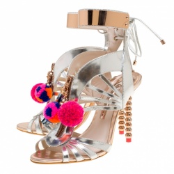 Pre Owned Sophia Webster Metallic Silver Mirrored Leather Yasmina Pom Pom Embellished Sandals Size 38