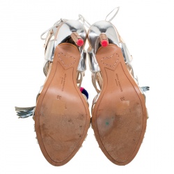 Pre Owned Sophia Webster Metallic Silver Mirrored Leather Yasmina Pom Pom Embellished Sandals Size 38