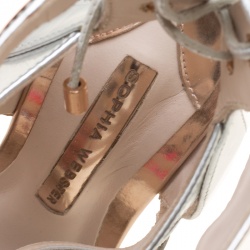 Pre Owned Sophia Webster Metallic Silver Mirrored Leather Yasmina Pom Pom Embellished Sandals Size 38