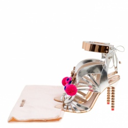 Pre Owned Sophia Webster Metallic Silver Mirrored Leather Yasmina Pom Pom Embellished Sandals Size 38