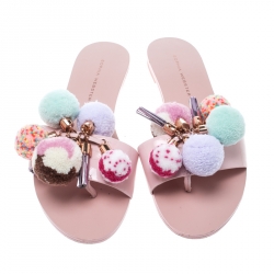 Pre Owned Sophia Webster Blush Pink Patent Leather Jada Pom Pom Flat Slide Sandals Size 37.5