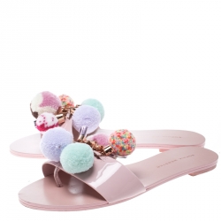 Pre Owned Sophia Webster Blush Pink Patent Leather Jada Pom Pom Flat Slide Sandals Size 37.5