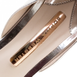 Pre Owned Sophia Webster Metallic Silver Leather Maya Crystal Embellished Bow Ankle Strap Sandals Size 40.5