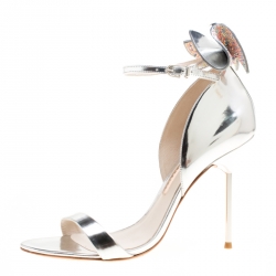 Pre Owned Sophia Webster Metallic Silver Leather Maya Crystal Embellished Bow Ankle Strap Sandals Size 40.5