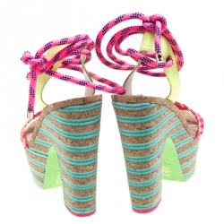 Pre Owned Sophia Webster Multicolor Braided Leather Jade Cork Platform Ankle Wrap Sandals Size 41