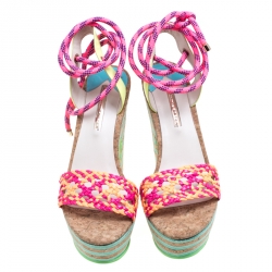 Pre Owned Sophia Webster Multicolor Braided Leather Jade Cork Platform Ankle Wrap Sandals Size 41