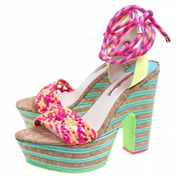 Pre Owned Sophia Webster Multicolor Braided Leather Jade Cork Platform Ankle Wrap Sandals Size 41
